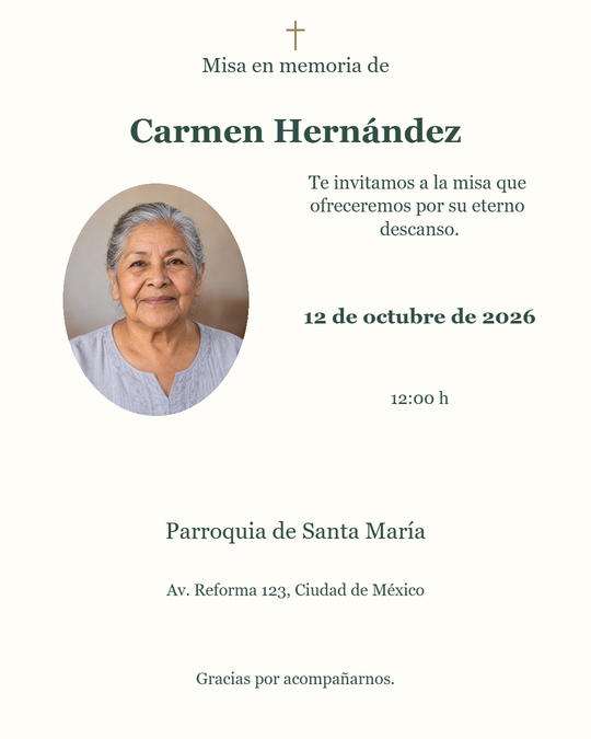 Ejemplo de invitación a misa en memoria con fotografía y texto personalizable